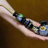 Hand-Painted Wooden Owl Couple Smoking Pipe with Ukrainian Folk Art Petrykivka