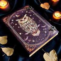 Handmade Owl Leather Journal with Lock, Vintage Grimoire