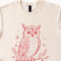 Winter Owl Graphic Tee with Festive Line Art Design Natural