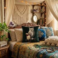 Coussin Messager des Songes | Oreiller Magique Hibou | Décoration Onirique Dark Academia | Su