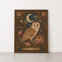 Vintage Barn Owl Framed Poster, Celestial Woodland Art Print