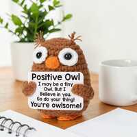 Positive Owl Crochet Plush &ndash; Handmade Amigurumi Owl, Encouragement Gift, Anxiety Comfort Toy, 