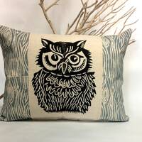 Woodland Owl Pillow: Hand Carved Print, Rustic Home Decor