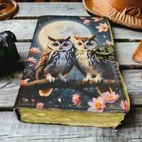 Owl Leather Journal A5 Handmade Notebook with Lock, Moonlight Forest Diary, Deckle Edge Paper Writin