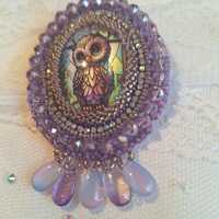 Beaded handmade brooch purple Owl with glass cabochon, pin, seed beads and leather