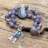 Boho Owl Bracelet: Opal Fish Charms, Purple Lepidolite, Star Patterned Beads, Hill Tribe Silver, Art