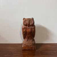 Vintage Hand Carved Wooden Owl Sculpture - Folk Art Rustic Cabin Decor
