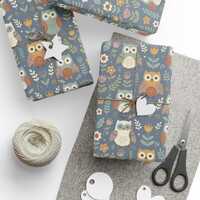 Mid Century Owl Floral Gift Wrap Roll | Whimsical Owls Wrapping Paper | Large-Scale Pattern