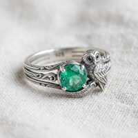 Gothic Owl Ring Silver Green Stone Royal Animal Ring Medieval Court Jewelry Vintage Baroque Bird Rin