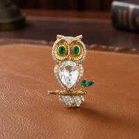 Vintage 1970's 18k Gold Diamond Owl Brooch With Emerald Eyes & Rock Crystal Body