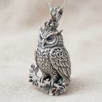 Gothic Owl Pendant Silver Crown Bird Necklace Royal Court Animal Jewelry Vintage Baroque Owl Charm
