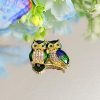 Twin Owls Enamel Brooch, Gold Tone Crystal Bird Pin, Whimsical Jewelry