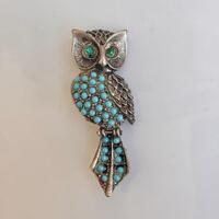 Vintage Silver Tone Turquoise Beaded Owl Brooch Pin