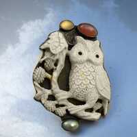 Carved Bone Owl Brooch with Pendant Finding on a Sterling Backing set 3 Gemstones