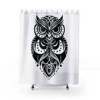 Tribal Owl Illustration Shower Curtain | Black and White Boho Bathroom embroidered curtains animal p