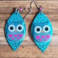 Dot-painted owl turquoise pink 2&rdquo; oval earrings puffy 3D football-shaped