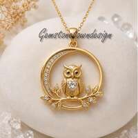 14K Gold Owl Moon Pendant, Owl Charm Jewelry, CZ Nature Jewelry, Bird Lover Gift for Women.