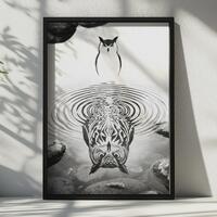 Owl Reflection Black and White Wall Art Animal Print Unique Nature Decor