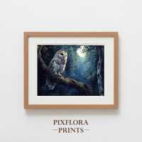 Printable Tawny Owl in Moonlit Forest - Moody Woodland Art, Atmospheric Night Scene, Rustic Country 