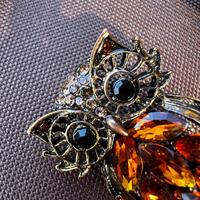 Vintage Owl Brooch, Amber Rhinestone, Bronze Tone, Statement Owl Pin, Unique Animal Brooch, Gift for