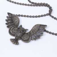 Owl, Silver, Bird, Wings Up, Medallion, Pendant, Necklace, Thin Chain, Jewelry, Accessory, Fashion, 