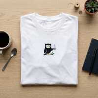 Embroidered T shirt, Minimalist Owl Top, Modern Coffee Bird Tee, Simple Animal Embroidery, Geometric