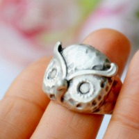Antique Silver Plated Owl Ring, Resizable Boho Brass Jewelry, Wise Bird Face