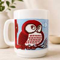 Vintage Owl Mug Milk Glass Glasbake Cup Retro Kitchen Collectible White Mug