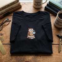 Embroidered T shirt, Bookworm Owl Tee, Reading Addict Shirt, Coffee and Books Top, Librarian Gift Te