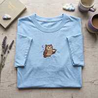 Embroidered T shirt, Night Owl Coffee Shirt, Late Night Reader Gift, Coffee Addict Owl Tee, Moon and