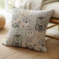 Whimsical Owl Woven Pillow, Black and White Doodle Bird Cushion, Heart Pattern Nursery Decor, Cute O