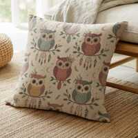 Boho Owl Woven Pillow, Dreamcatcher Tapestry Cushion, Pastel Forest Animal Decor, Whimsical Woodland