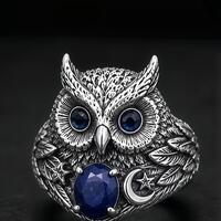 Handcrafted 925 Sterling Silver Owl Ring Lapis Lazuli Cubic Zirconia Wisdom Totem Jewelry Gift
