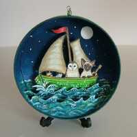 The Owl and the Pussycat Siamese cat art diorama painting model collectible original handmade and pa