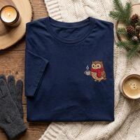 Embroidered T shirt, Cute Owl Coffee Tee, Cozy Winter Shirt, Bird Lover Gift, Hot Cocoa Owl Top, Whi