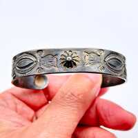 Vintage Navajo Native Thunderbird Owl Stampwork Arrow Silver Bracelet Cuff 7"