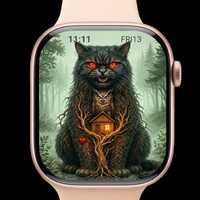 Dark Forest Cat Guardian with Owl Hidden Cabin Fantasy Wall Art, Gothic Black Cat Mystical Woodland 