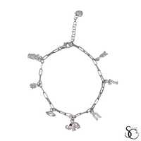 925 Sterling Silver Fancy Paperclip Owl Sunflower Evil Eye Elephant Horseshoe Lucky 7 Bracelet