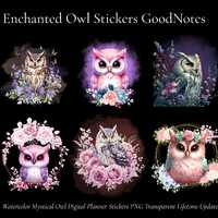 Enchanted Watercolor Owl Stickers | Mystical, Floral, Kawaii Digital Planner PNG
