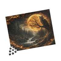 Mystic Forest Owl Moon Puzzle, Fantasy Waterfall Art, Rustic Cabin Decor (1014 Piece)