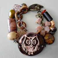 Handcrafted Ceramic Owl Focal with Tiger Eye Peach Moonstone Wood Rings and Brass Chain and Toggle