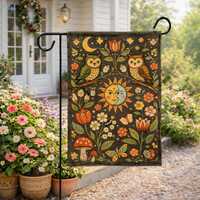 Folk Art Owl Garden Flag, Celestial Sun Moon Yard Decor, Vintage Floral Cottagecore Porch Flag, Whim