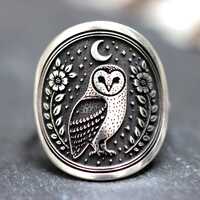 Celestial Barn Owl Ring - Sterling Silver Witchy Owl Jewelry &ndash; Moon Owl Ring &ndash; Statement