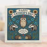 Father’s Day Card with Owl & Woodland Animals, Cute Nature Dad Card | 15x15cm | Blank insi