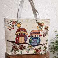Owl Tote Bag, Handmade Canvas Cotton Shoulder Bag, Boho Couple Owls Floral Print, 17x17 Lightweight 