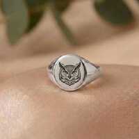 Owl Signet Sterling Silver Ring, Engraved Owl Ring, Bird Signet Ring, Gift For Men Women