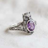 Owl Ring Sterling Silver Purple Stone Filigree Band Bird Statement Ring