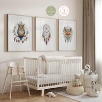 Boho Woodland Nursery Prints Set of 3, Owl Fox Dreamcatcher Wall Art, Watercolor Nursery Decor, Neut
