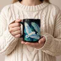 Northern Lights Barn Owls Mug | Black Ceramic Coffee Cup