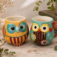 Colorful Ceramic Owl Mug Set &ndash; Whimsical Coffee Cups